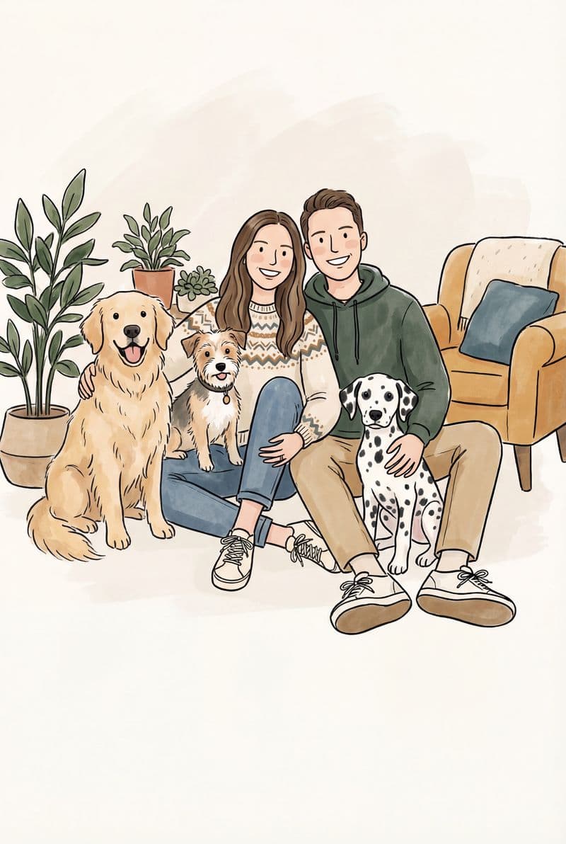 Tranh canvas chân dung gia đình và chó cưng phong cách hoạt hình trang trí phòng khách