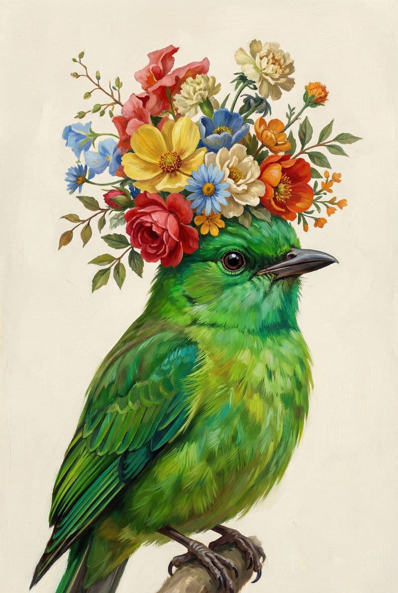 Tranh treo tường chim xanh đội vòng hoa trang trí phòng khách sang trọng và thanh lịch