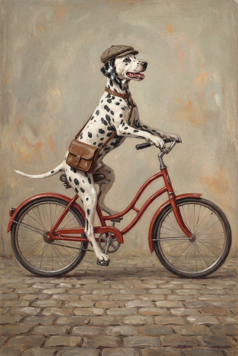 Tranh canvas chú chó đốm cưỡi xe đạp phong cách vintage màu trung tính hoài cổ phù hợp trang trí phòng khách và quán cà phê.