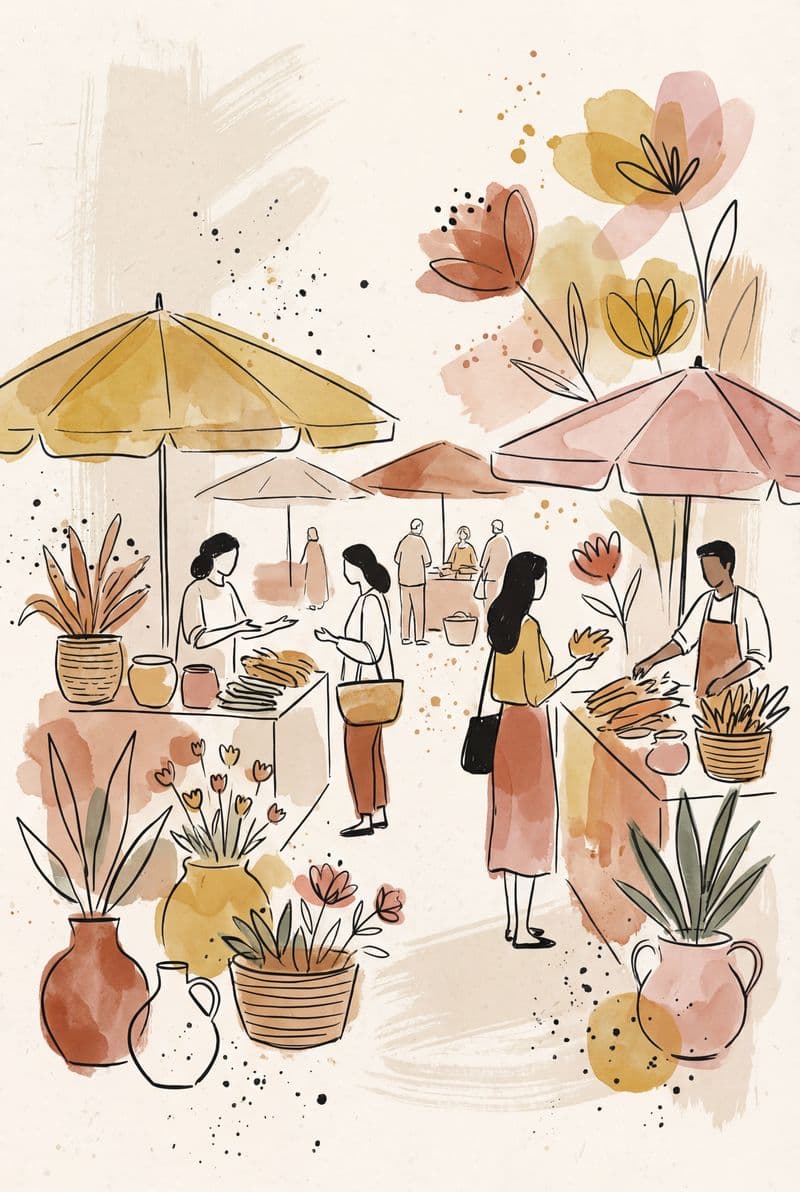 Tranh in nghệ thuật Chợ hoa Manama phong cách Boho tối giản với tông màu đất ấm áp mang lại cảm giác bình yên cho phòng khách hiện đại.