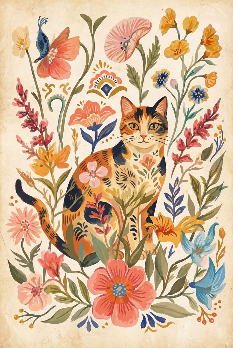 Tranh treo tường con mèo phong cách dân gian trang trí phòng khách sang trọng