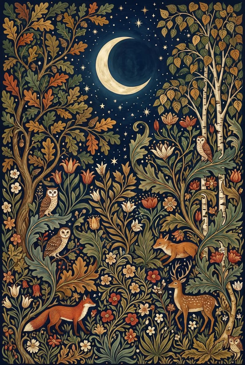 Tranh nghệ thuật phong cách William Morris họa tiết rừng đêm đối xứng tông xanh thẫm huyền bí mang lại sự tĩnh lặng cho phòng ngủ hiện đại.