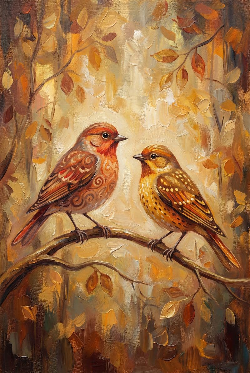 Tranh treo tường đôi chim đậu trên cành cây trang trí phòng ngủ ấm cúng và sang trọng