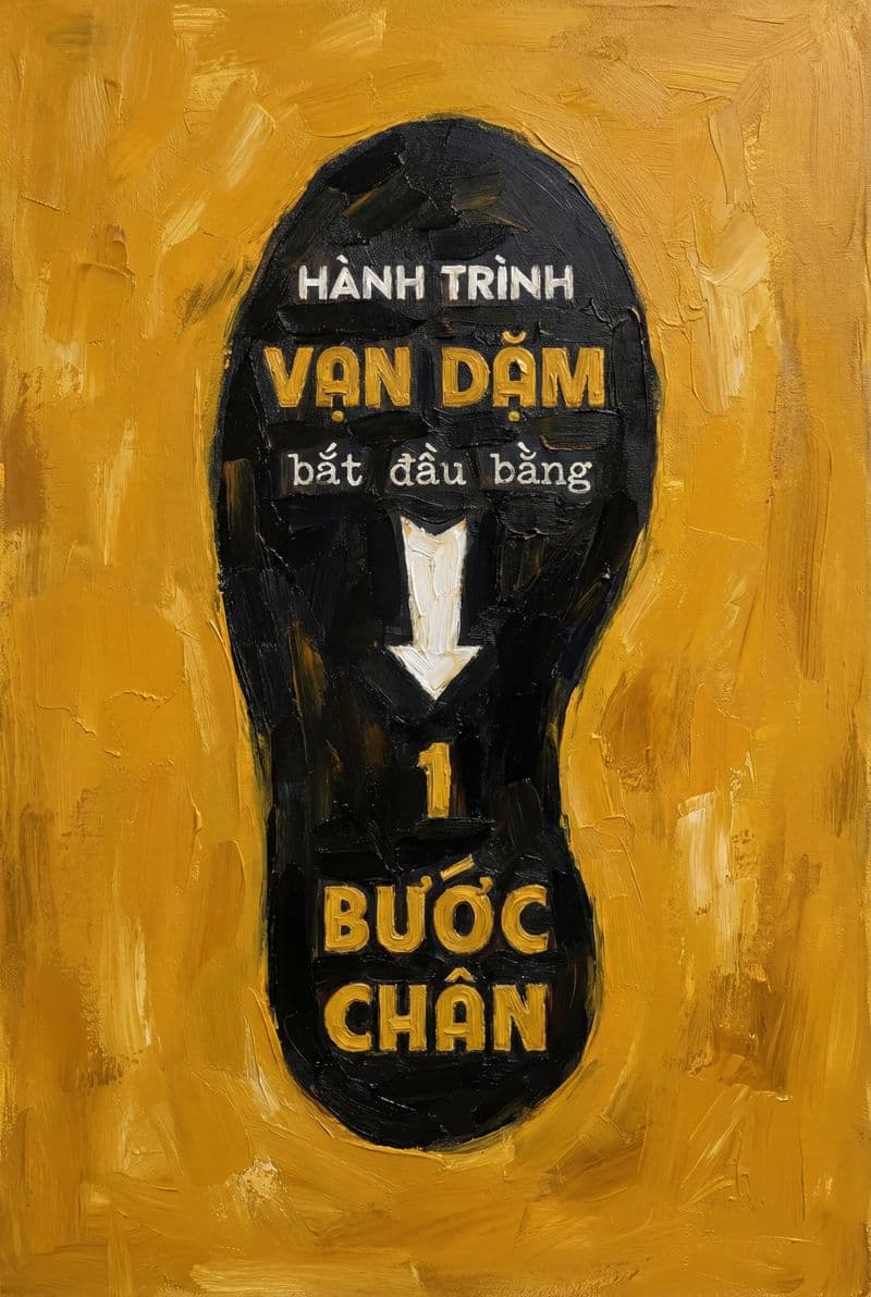 Tranh treo tường động lực biểu tượng bước chân khởi đầu trên con đường dài cùng trích dẫn ý nghĩa tông màu vàng nắng ấm áp truyền cảm hứng phù hợp trang trí phòng làm việc và văn phòng