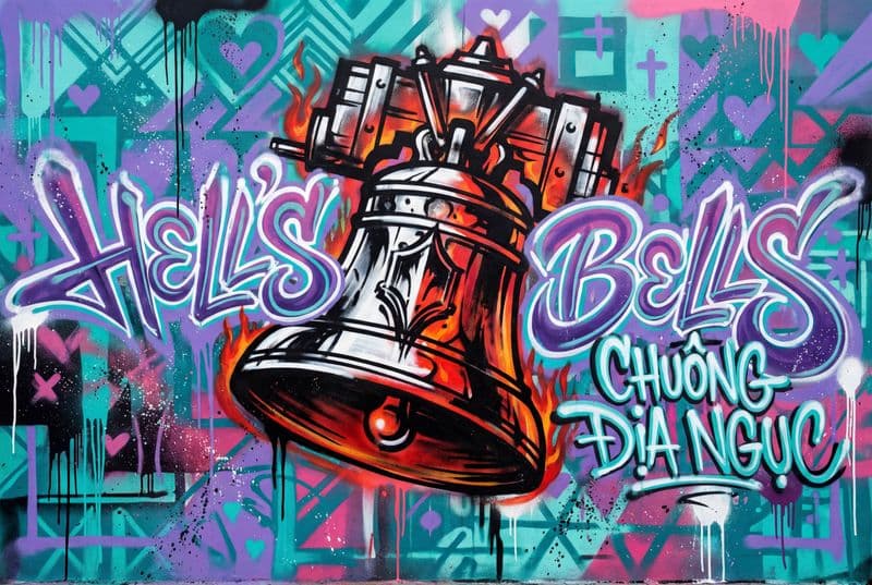 Tranh nghệ thuật đường phố Chuông Địa Ngục sắc nét với gam màu trầm mạnh mẽ, mang lại cảm giác cá tính cho không gian phòng khách công nghiệp.