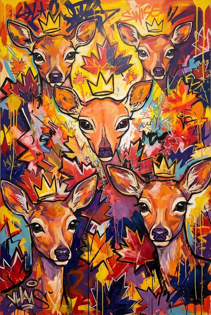 Tranh canvas phong cách đường phố hình chú hươu vàng uy nghi với những vệt màu đầy năng lượng phù hợp cho phòng khách sang trọng.