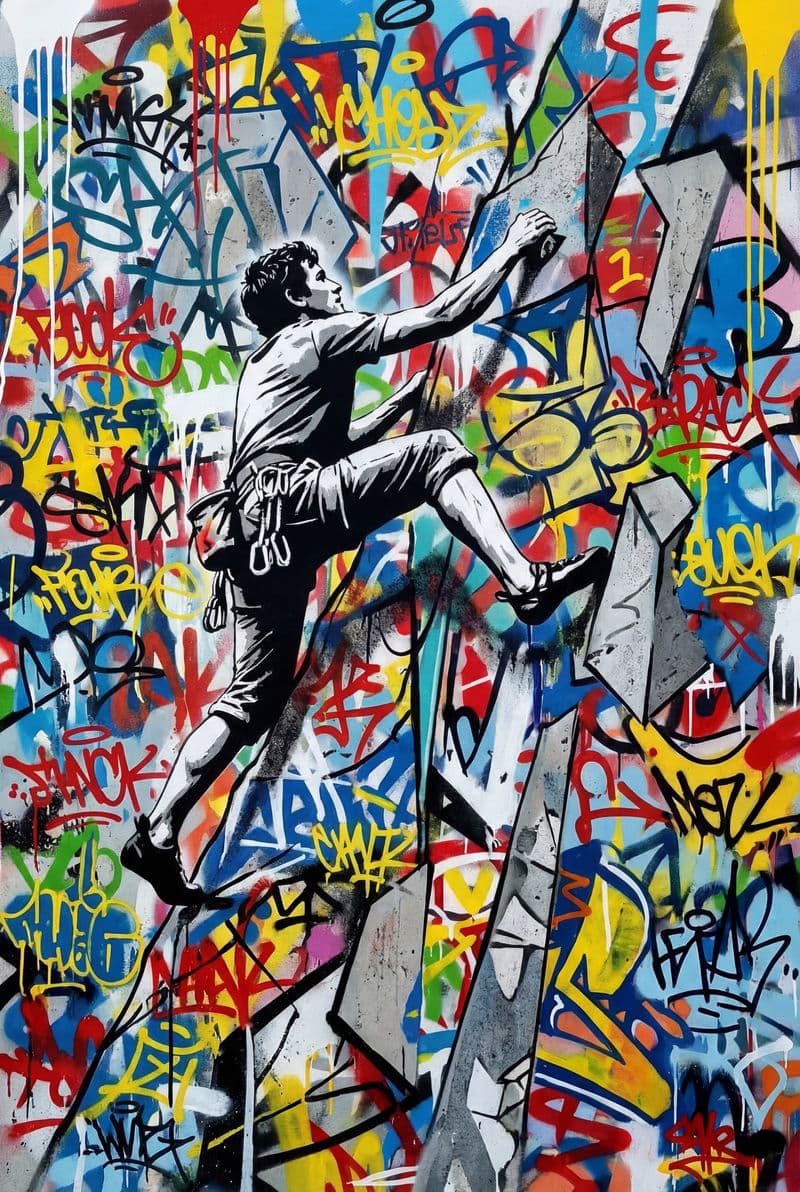 Tranh đường phố nghệ thuật người leo núi mạnh mẽ trên vách đá cao với gam màu rực rỡ tạo động lực cho không gian làm việc sáng tạo.