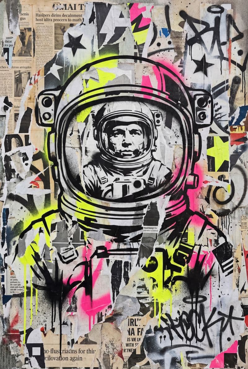 Tranh đường phố hình trinh sát không gian với các vệt màu neon và texture bụi bặm mang lại cảm giác phóng khoáng cho phòng làm việc hiện đại