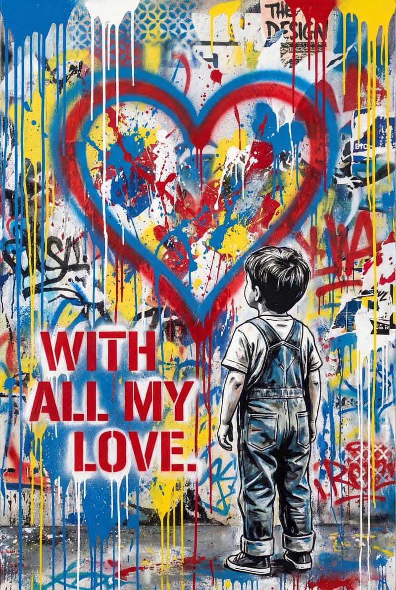 Tranh đường phố With All My Love chủ thể trái tim phong cách graffiti màu sắc rực rỡ đầy cảm xúc phù hợp trang trí phòng khách chung cư hiện đại.