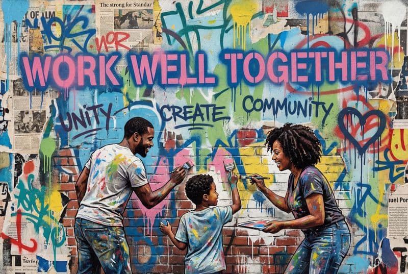 Tranh nghệ thuật đường phố chữ Work Well Together phối màu Graffiti mạnh mẽ đầy năng lượng phù hợp cho phòng họp và không gian làm việc chung.