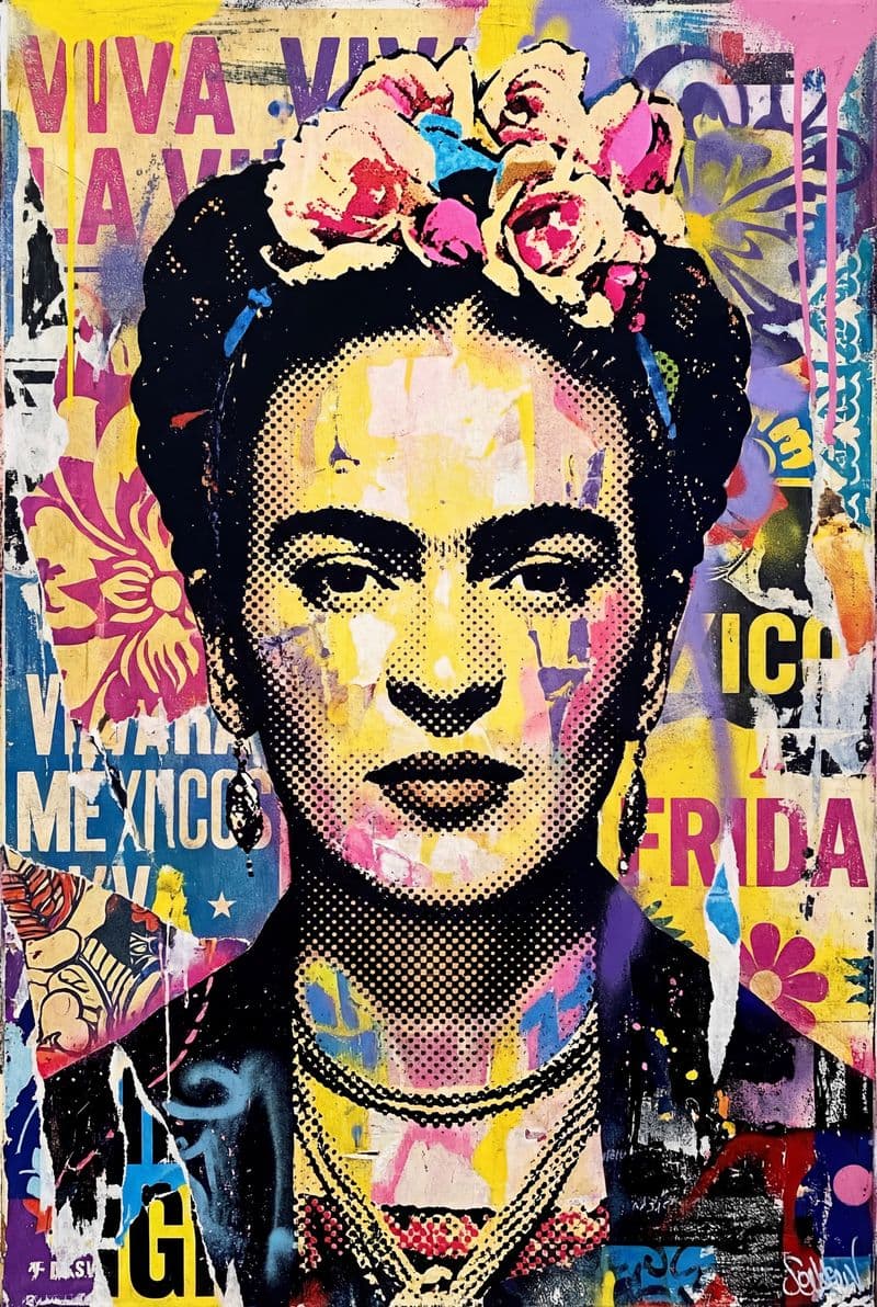 Tranh canvas chân dung Frida Kahlo phong cách street art rực rỡ đầy nội lực phù hợp trang trí phòng khách và studio hiện đại