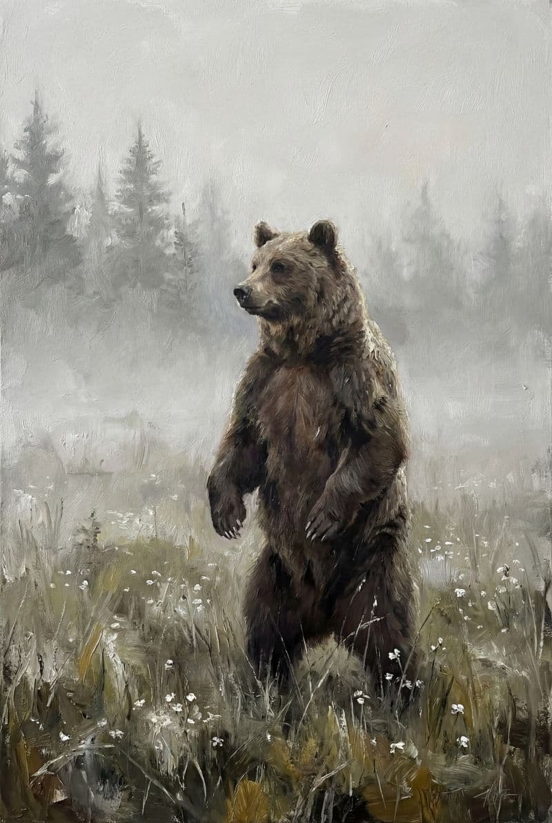 Tranh treo tường gấu nâu giữa đồng cỏ xanh trang trí phòng khách sang trọng