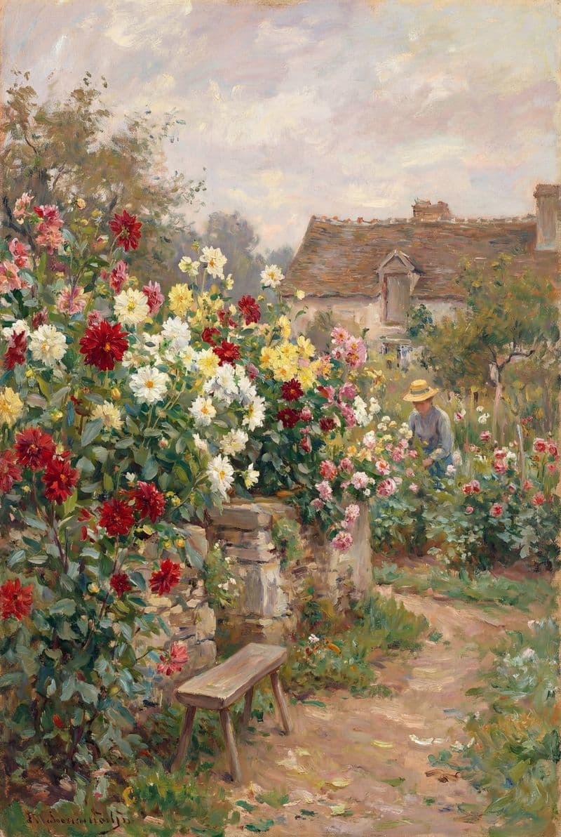 Tranh treo tường góc vườn hoa thược dược rực rỡ trang trí phòng khách sang trọng