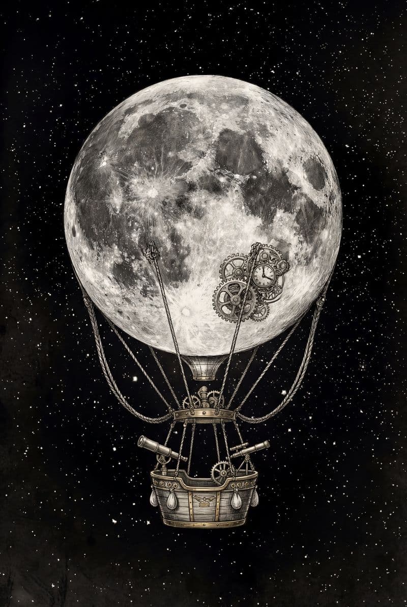 Tranh treo tường Khinh khí cầu mặt trăng giữa vũ trụ trang trí phòng khách hiện đại