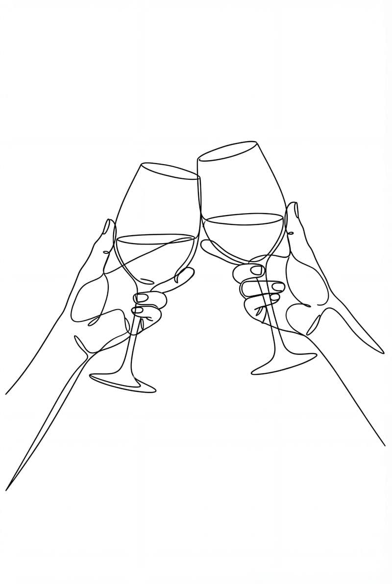 Tranh line art hai ly rượu vang cụng nhau tinh tế màu đen trắng hiện đại cho phòng khách