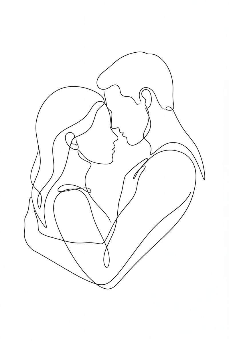 Tranh line art cặp đôi ôm nhau với nét vẽ mỏng mềm mại đầy lãng mạn cho không gian phòng ngủ tối giản