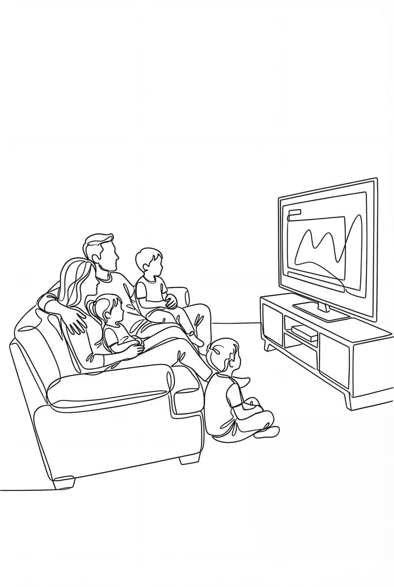 Tranh line art gia đình ngồi xem ti vi vẽ theo yêu cầu ấm áp chân thực cho phòng khách hiện đại