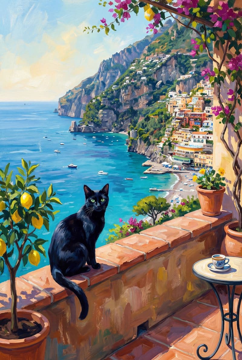 Tranh nghệ thuật chú mèo đen bên bờ biển Amalfi xanh thẳm mang cảm giác bình yên hiện đại cho không gian phòng khách