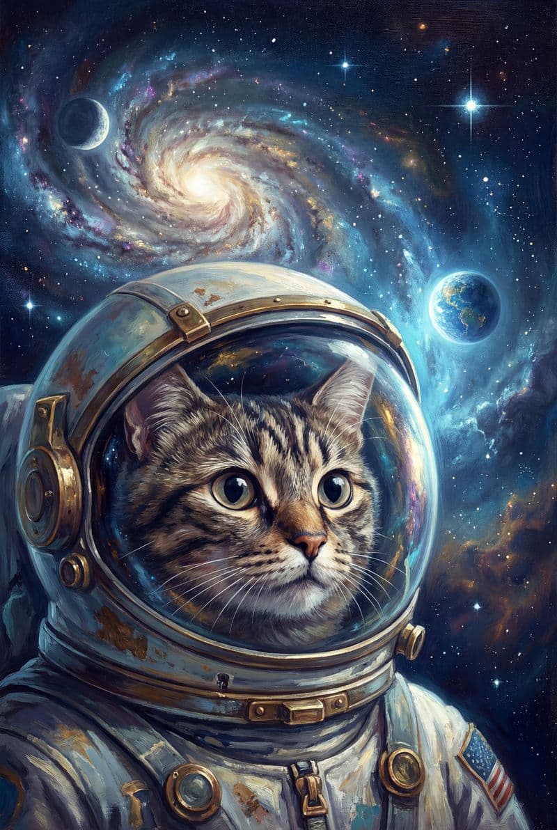 Tranh canvas chú mèo du hành giữa dải ngân hà huyền ảo trang trí phòng khách sang trọng