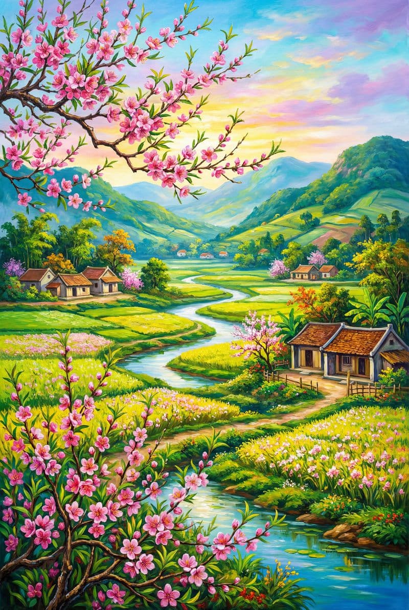 Tranh treo tường phong cảnh mùa xuân rực rỡ sắc hoa trang trí phòng khách sang trọng