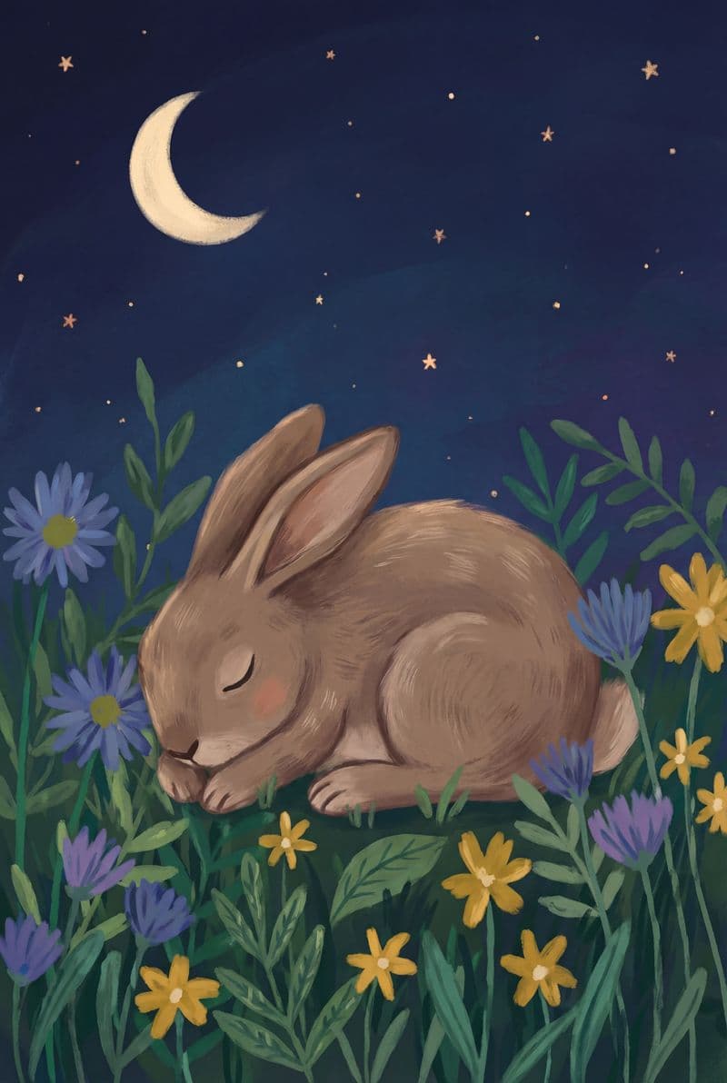 Tranh canvas hiện đại chú thỏ nhỏ cuộn mình ngủ ngon trên mây tông màu pastel dịu dàng mang lại cảm giác bình yên cho không gian phòng ngủ.