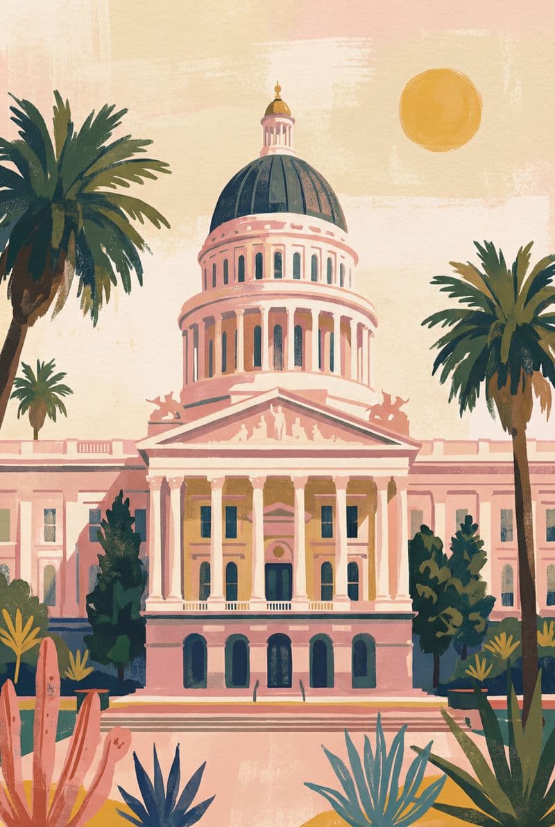 Tranh in nghệ thuật kiến trúc Hạ viện California sắc nét với tông màu xanh và gỗ trầm tạo cảm giác uy nghi cho phòng làm việc.