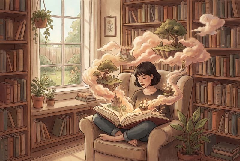 Tranh minh họa hiện đại nhân vật đắm chìm trong cuốn sách với tông màu dịu nhẹ thư giãn dành cho góc đọc sách hoặc phòng khách.
