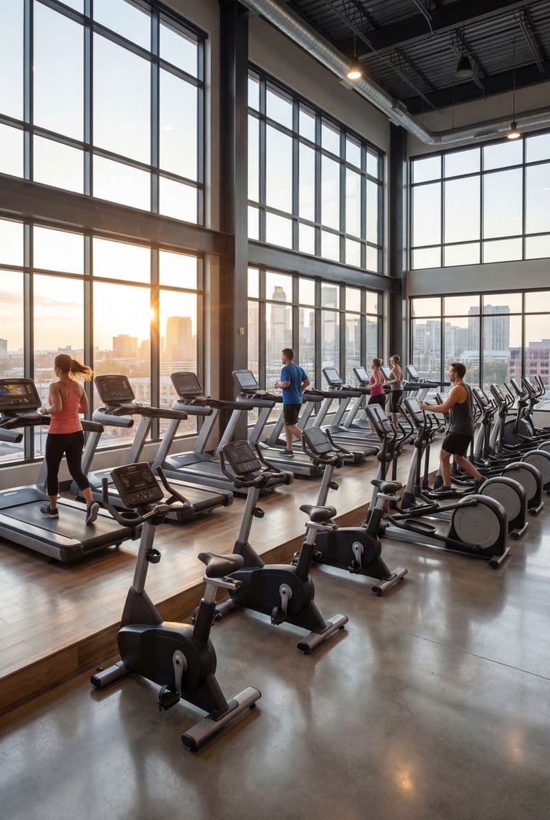 Tranh canvas trang trí khu cardio với bối cảnh máy chạy bộ hiện đại và ánh sáng năng động mang lại cảm giác mạnh mẽ cho không gian fitness chuyên nghiệp.