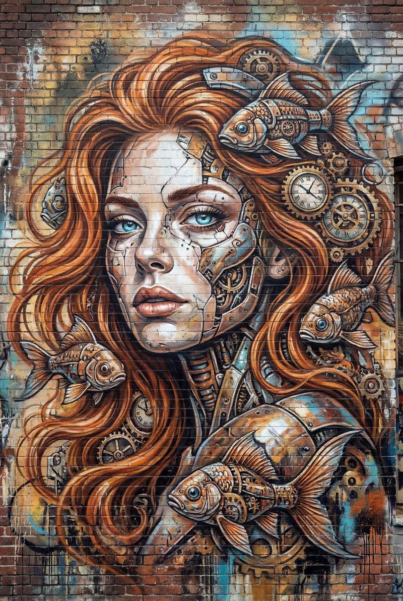 Tranh nghệ thuật đường phố nhân vật tiên cá cơ khí Siréne Mechanimal với chi tiết máy móc tinh xảo tông màu kim loại lạnh lùng mạnh mẽ trang trí phòng khách hiện đại