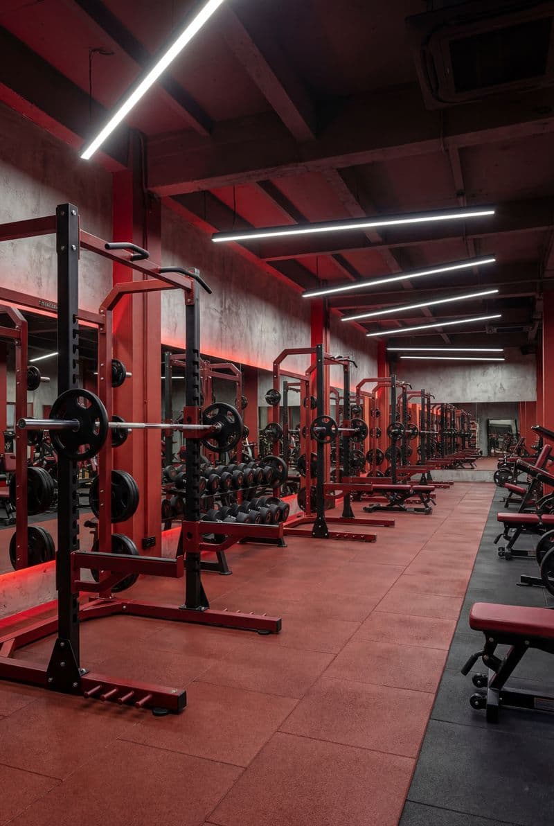 Tranh canvas cao cấp tái hiện khu tập tạ nặng với ánh sáng tương phản mạnh mẽ mang lại cảm hứng bứt phá cho phòng gym hiện đại.
