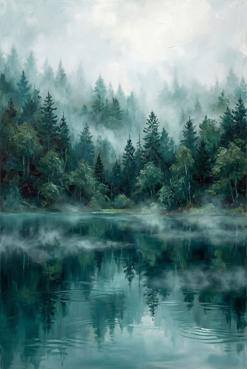 Tranh treo tường phong cảnh rừng cây phản chiếu trên hồ nước trang trí phòng khách hiện đại