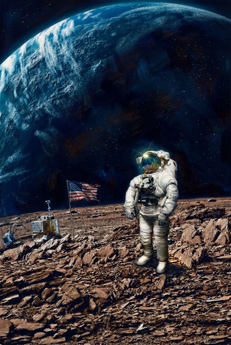 Tranh treo tường phi hành gia trên Mặt Trăng trang trí không gian nội thất hiện đại