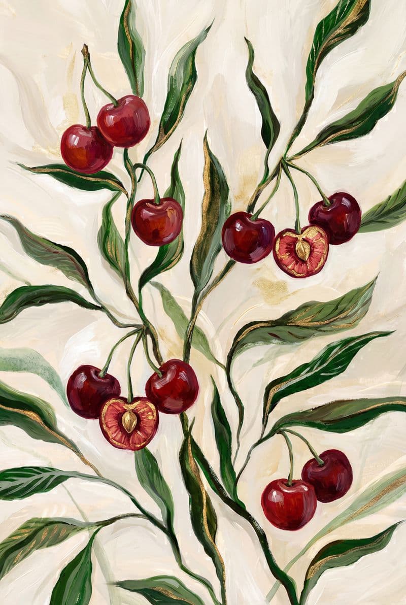 Tranh treo tường quả cherry đỏ mọng trang trí không gian bếp và phòng ăn hiện đại