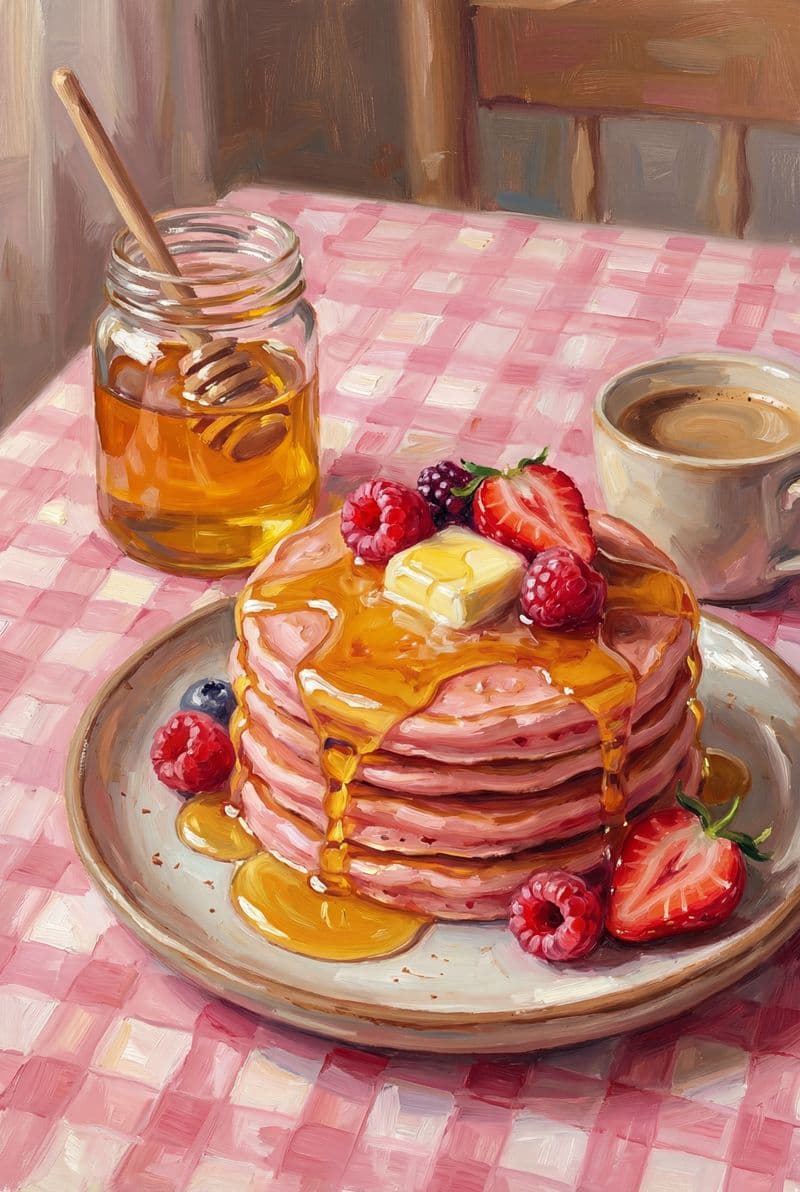 Tranh sơn dầu bánh kếp màu hồng phủ mật ong vàng óng mang cảm giác ấm cúng cho không gian phòng ăn và nhà bếp.