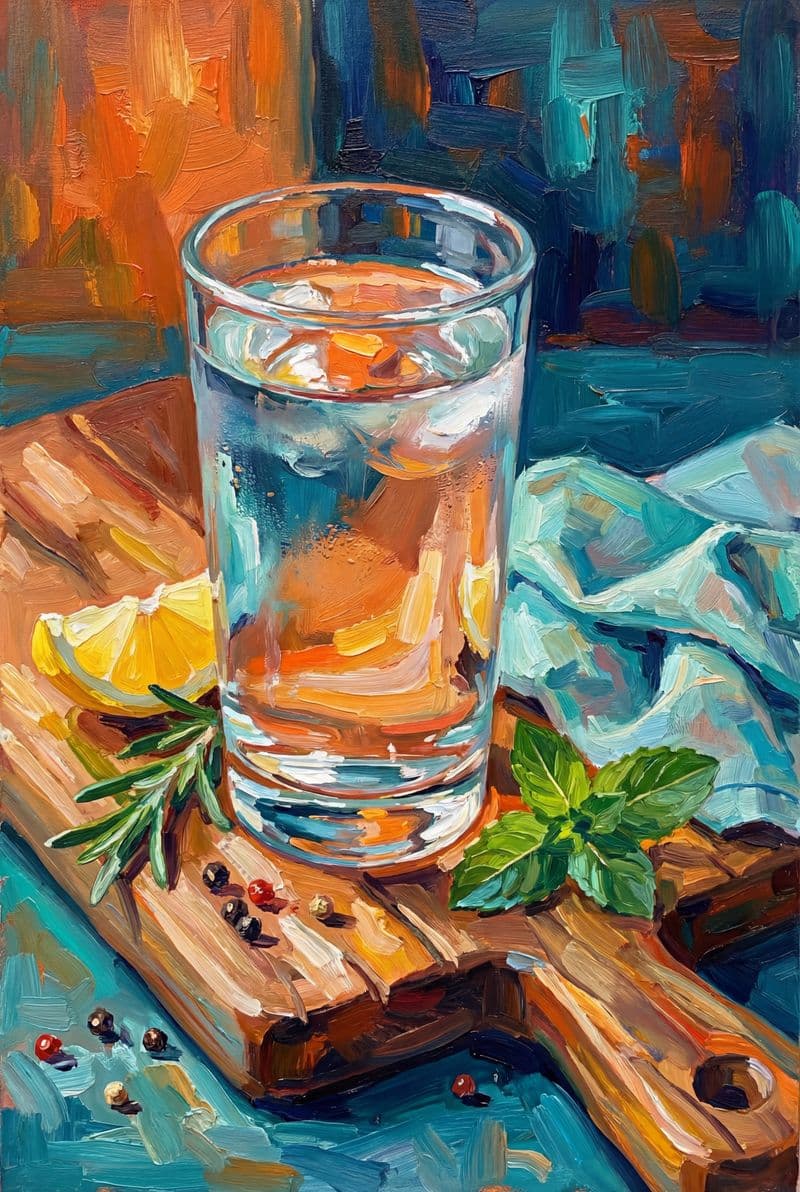 Tranh sơn dầu tĩnh vật một ly nước thủy tinh trong suốt với ánh sáng phản chiếu chân thực phù hợp cho không gian bếp tối giản.