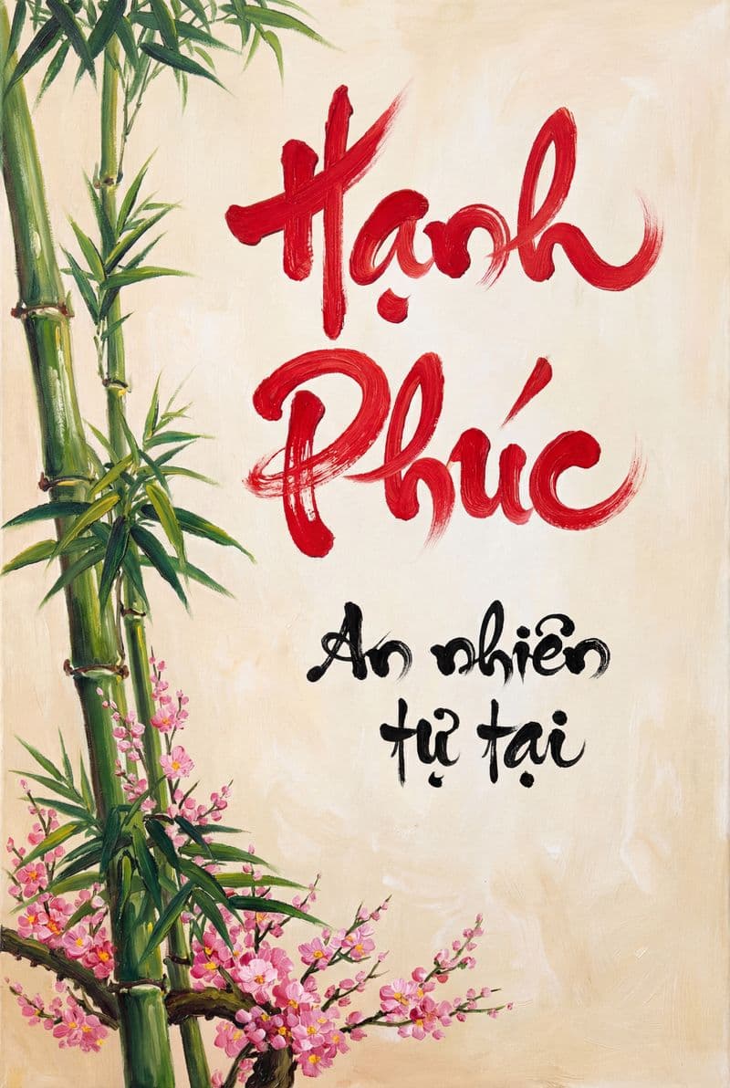 Tranh sơn dầu thư pháp chữ Hạnh Phúc với nét vẽ tay mềm mại trên nền màu ấm áp tạo cảm giác bình yên cho không gian phòng khách