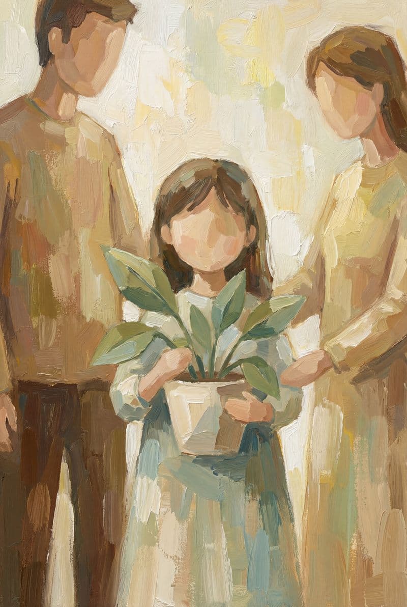 Tranh treo tường cô bé cầm chậu cây phong cách trừu tượng trang trí phòng khách ấm cúng