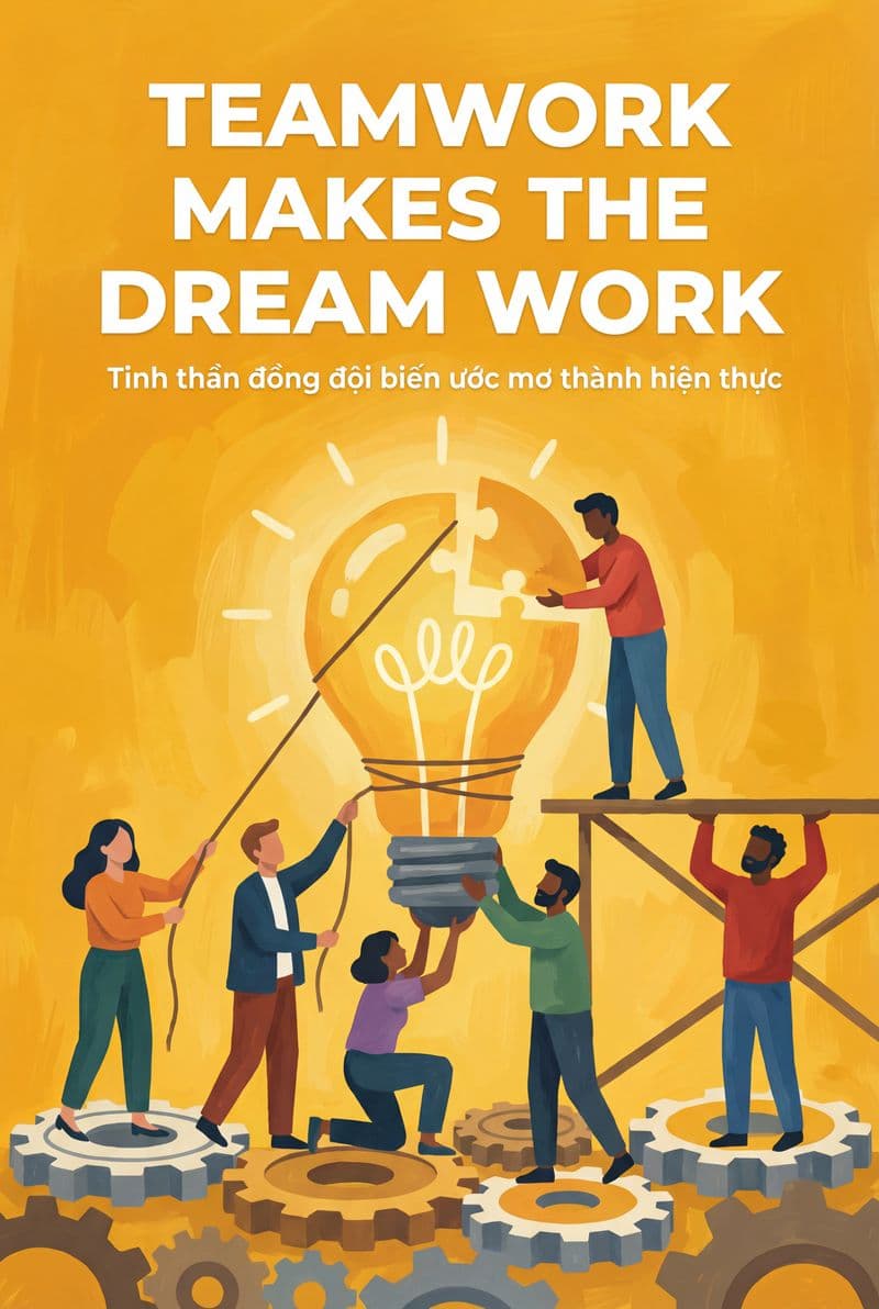 Tranh treo tường Teamwork Makes the Dream Work chữ viết tay nghệ thuật sắc cam xanh năng động phù hợp phòng họp hiện đại