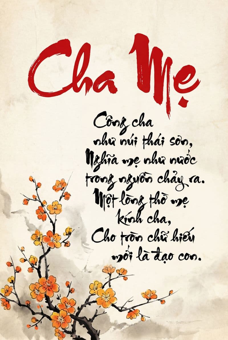 Tranh thư pháp Cha Mẹ nét mực tàu thanh thoát trên nền giấy truyền thống mang cảm xúc sâu lắng cho không gian phòng thờ.