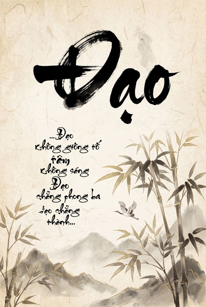 Tranh thư pháp chữ Đạo với nét mực đen uyển chuyển trên nền giấy vàng cổ kính mang lại cảm giác an yên cho không gian phòng thiền.