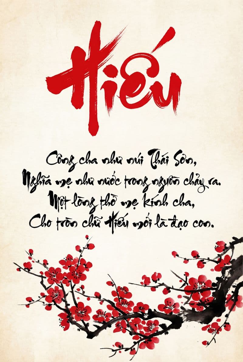 Tranh thư pháp chữ Hiếu nét mực đen tinh xảo trên nền giấy cổ điển mang cảm xúc tri ân sâu sắc phù hợp trang trí phòng khách và phòng thờ.