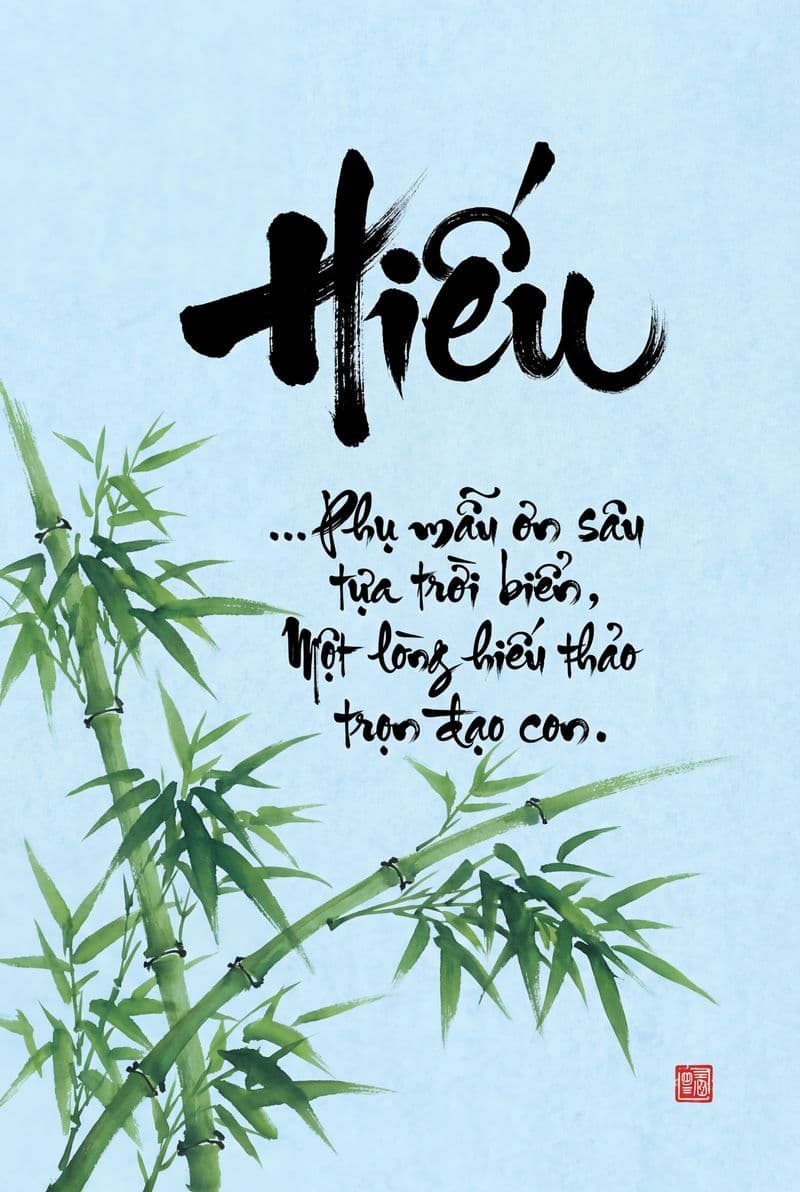 Tranh thư pháp chữ Hiếu nét mực đen uyển chuyển trên nền giấy vàng cổ kính mang cảm giác thành kính trang nghiêm cho không gian phòng thờ gia đình