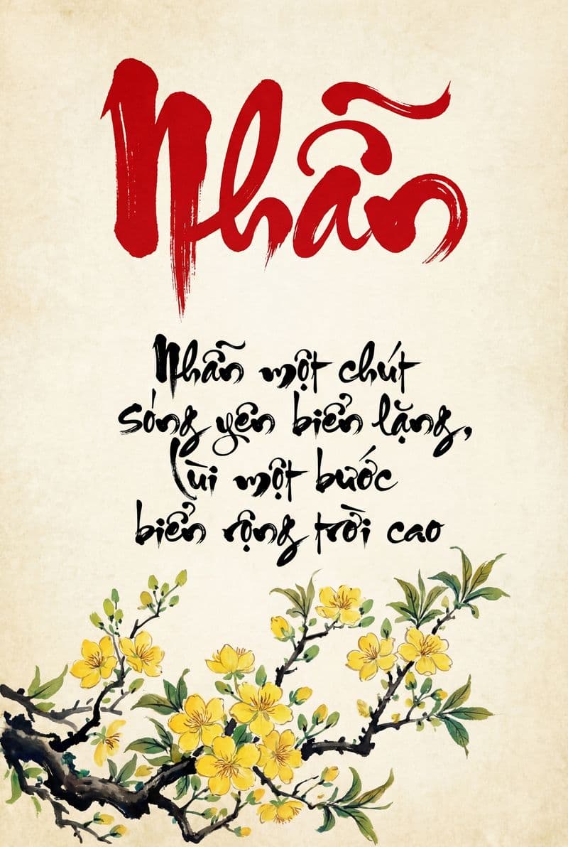 Tranh thư pháp chữ Nhẫn nghệ thuật với nét bút mực tàu uyển chuyển trên nền giấy xuyến chỉ mang lại cảm giác bình yên cho không gian phòng trà.