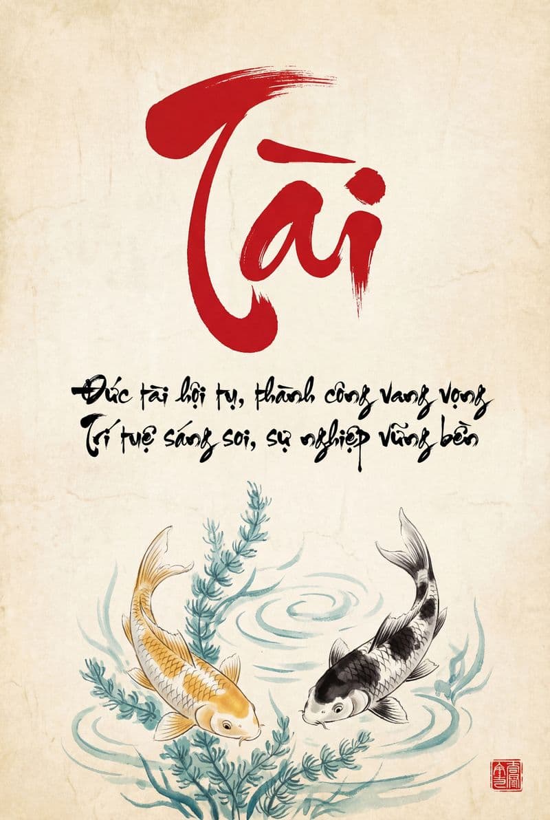 Tranh thư pháp chữ Tài nét vẽ thủ công mềm mại trên nền giấy mỹ thuật cao cấp mang lại cảm giác thanh tĩnh cho phòng làm việc.
