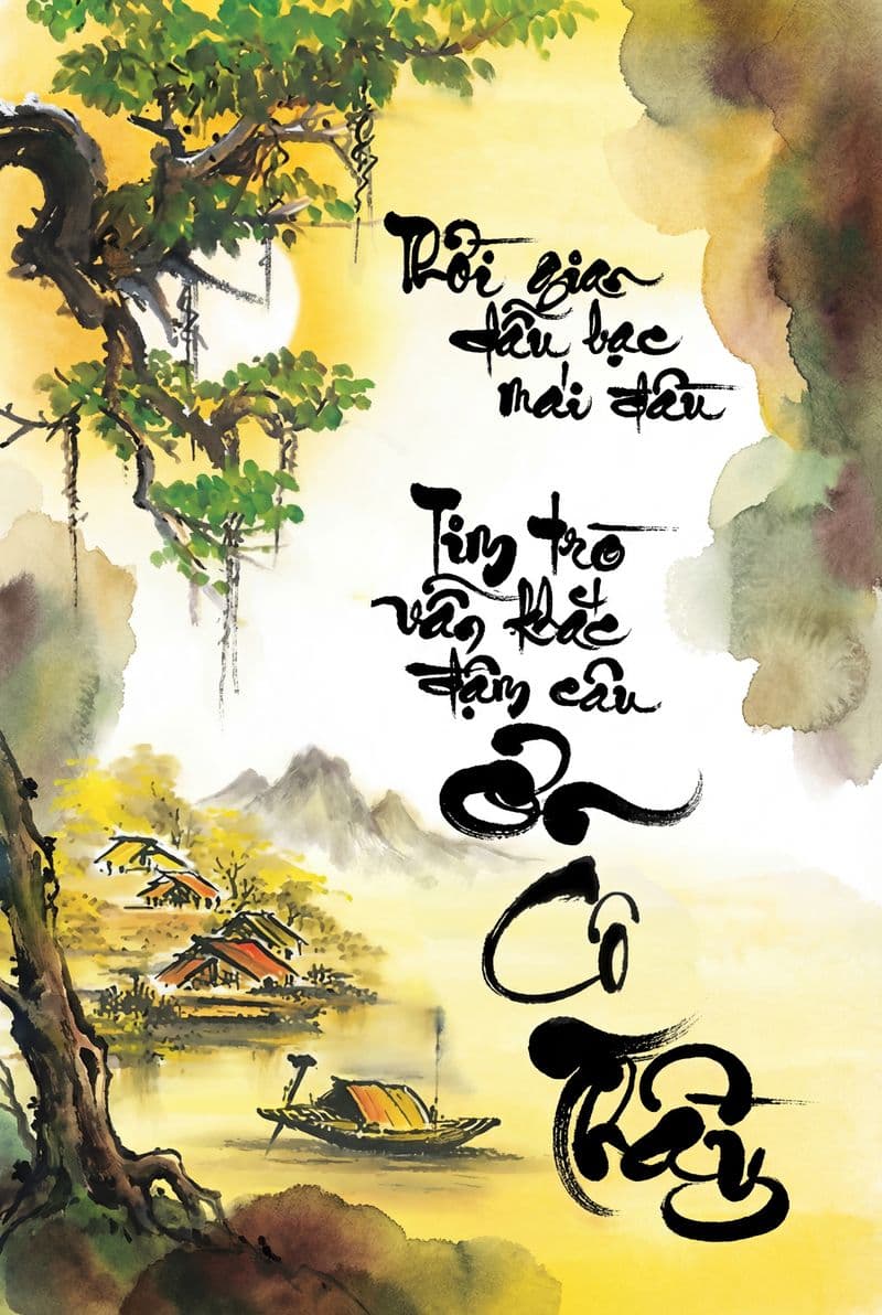 Tranh thư pháp Ơn Cô Thày với nét chữ bay bổng màu mực tàu trên nền giấy vàng cổ kính mang cảm xúc tri ân sâu sắc phù hợp cho không gian phòng khách trang trọng.