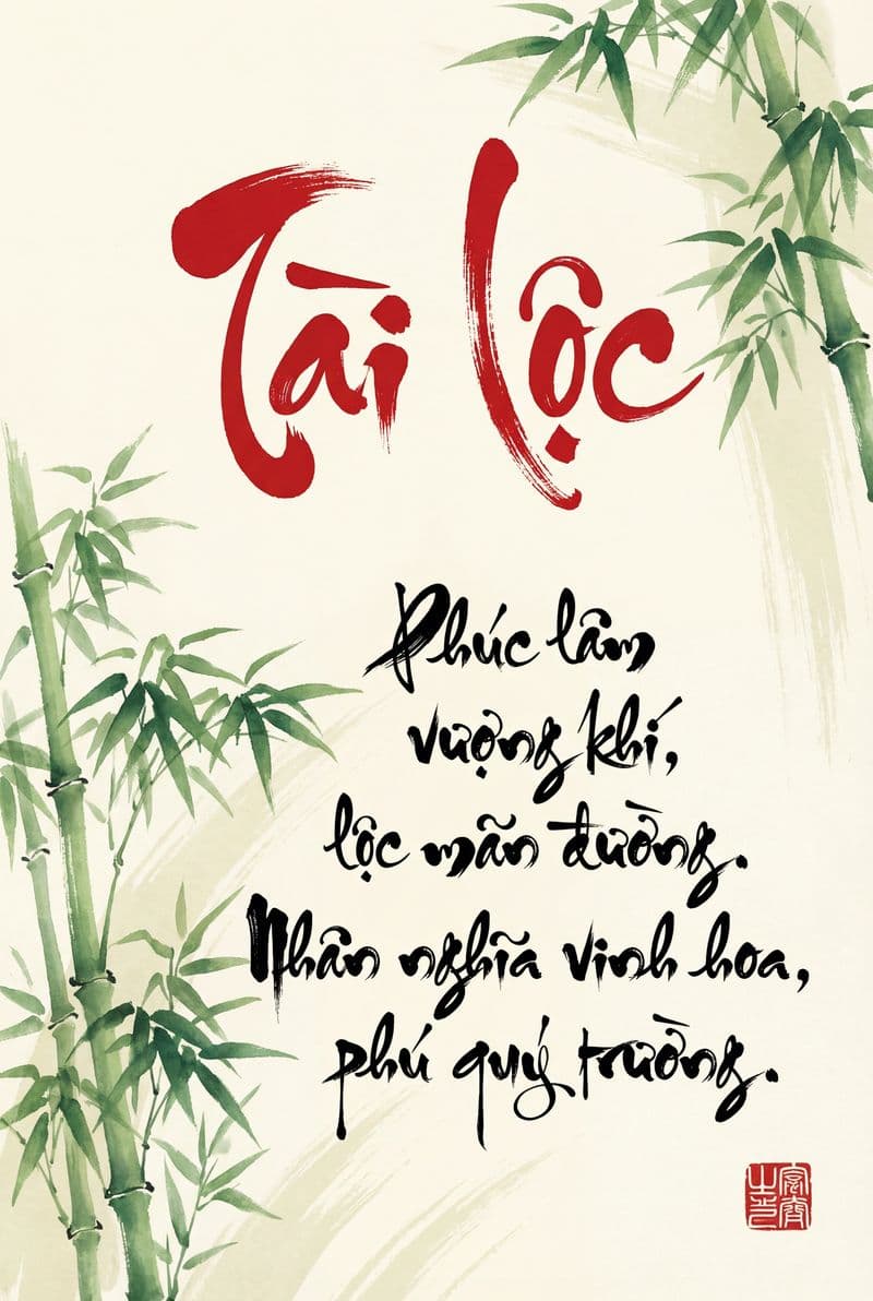 Tranh thư pháp chữ Tài Lộc nét bút đen mạnh mẽ trên nền đỏ sang trọng mang lại không gian thịnh vượng cho phòng làm việc.