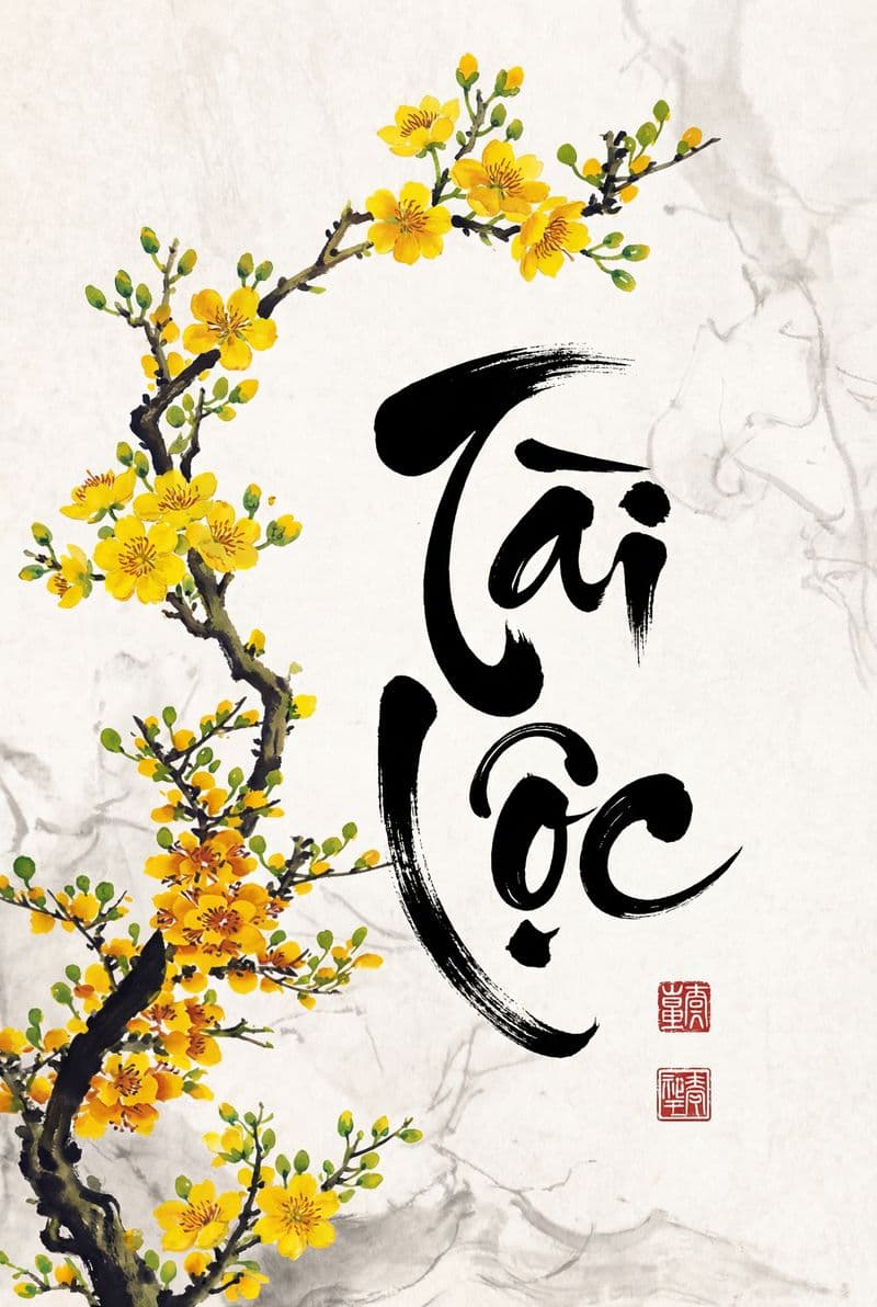 Tranh thư pháp chữ Tài Lộc với nét bút phóng khoáng trên nền đỏ truyền thống mang lại vượng khí cho phòng khách gia đình