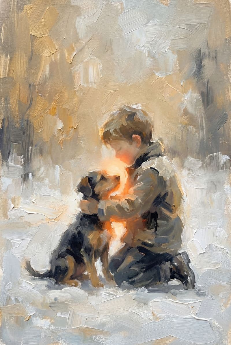 Tranh canvas trừu tượng cậu bé và chú chó trong tuyết trang trí phòng khách sang trọng