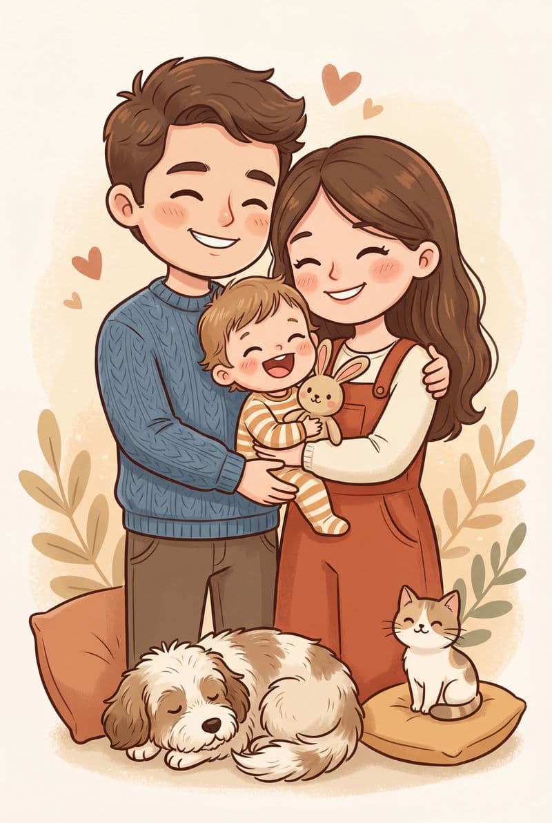 Tranh treo tường chân dung gia đình phong cách chibi trang trí phòng khách ấm cúng