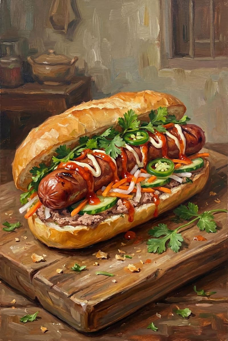 Tranh sơn dầu bánh mì xúc xích rưới sốt mù tạt sống động và đầy cảm hứng cho phòng ăn gia đình.